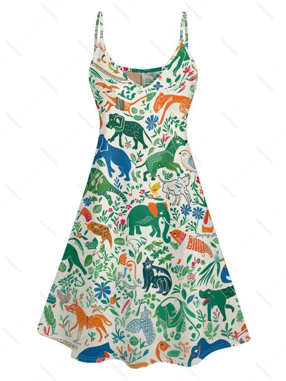 Animal Elephant Dinosaur Print V Neck Spaghetti Strap Dress and Roll Up Sleeve Shirt Hawaii Outfit - Vert clair S | US 4