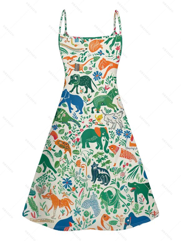Animal Elephant Dinosaur Print V Neck Spaghetti Strap Dress and Roll Up Sleeve Shirt Hawaii Outfit - Vert clair S | US 4