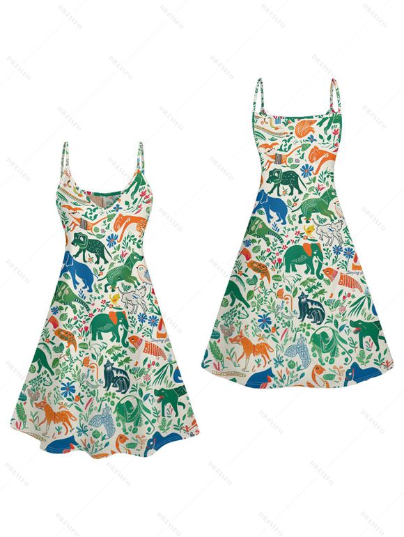 Animal Elephant Dinosaur Print V Neck Spaghetti Strap Dress and Roll Up Sleeve Shirt Hawaii Outfit - Vert clair S | US 4