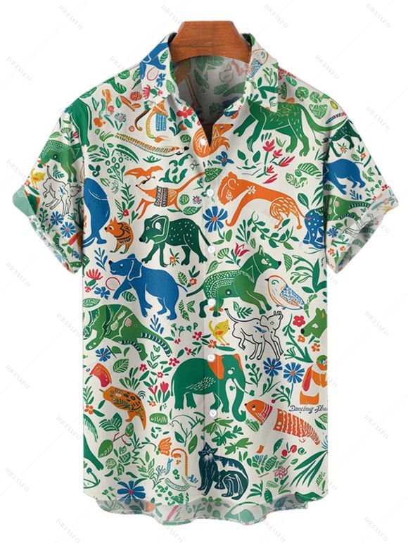 Animal Elephant Dinosaur Print V Neck Spaghetti Strap Dress and Roll Up Sleeve Shirt Hawaii Outfit - Vert clair S | US 4