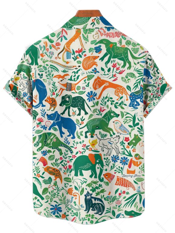 Animal Elephant Dinosaur Print V Neck Spaghetti Strap Dress and Roll Up Sleeve Shirt Hawaii Outfit - Vert clair S | US 4