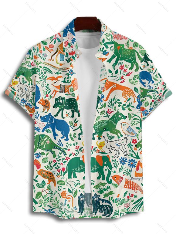 Animal Elephant Dinosaur Print V Neck Spaghetti Strap Dress and Roll Up Sleeve Shirt Hawaii Outfit - Vert clair S | US 4