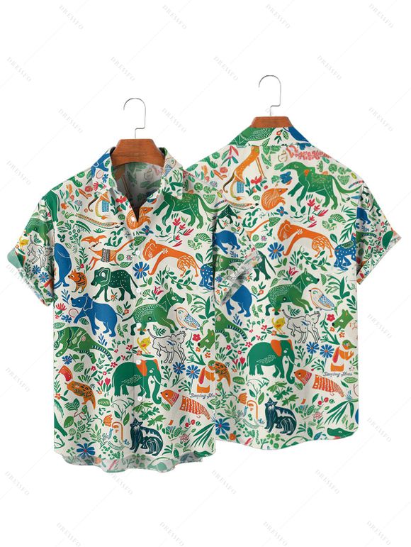 Animal Elephant Dinosaur Print V Neck Spaghetti Strap Dress and Roll Up Sleeve Shirt Hawaii Outfit - Vert clair S | US 4