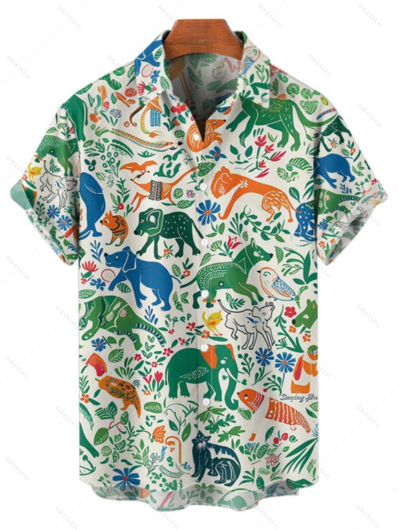 Chemise Décontractée Eléphant et Dinosaure Imprimés Boutonnée à Manches Courtes - Vert clair 2XL