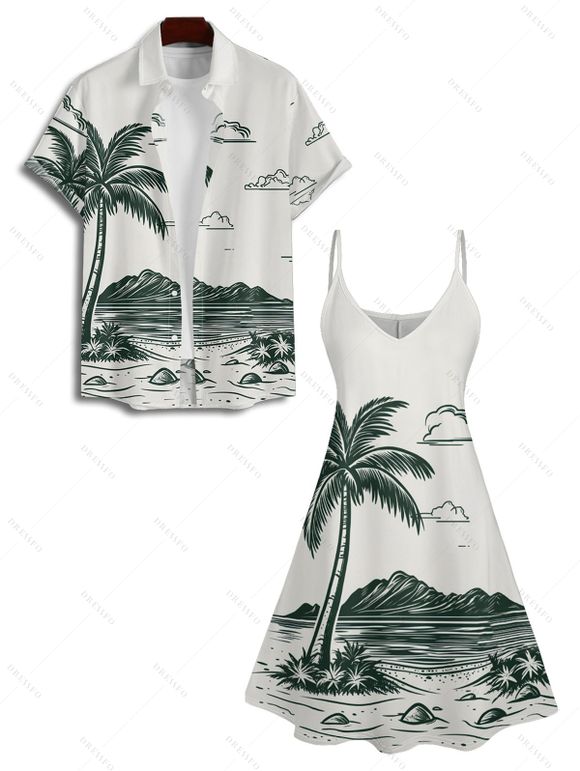 Holiday Coconut Tree Pattern Print V Neck Spaghetti Strap Dress and Roll Up Sleeve Shirt Outfit - Vert profond S | US 4