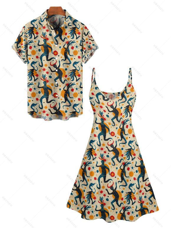 Tribal Print V Neck Spaghetti Strap Dress and Roll Up Sleeve Shirt Outfit - café lumière S | US 4