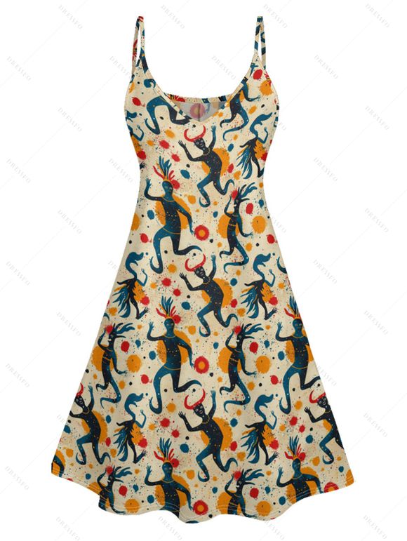 Robe D'Eté Ligne A Dinosaure Animal Imprimé à Bretelle Fine à Taille Haute sans Manches - café lumière M | US 6