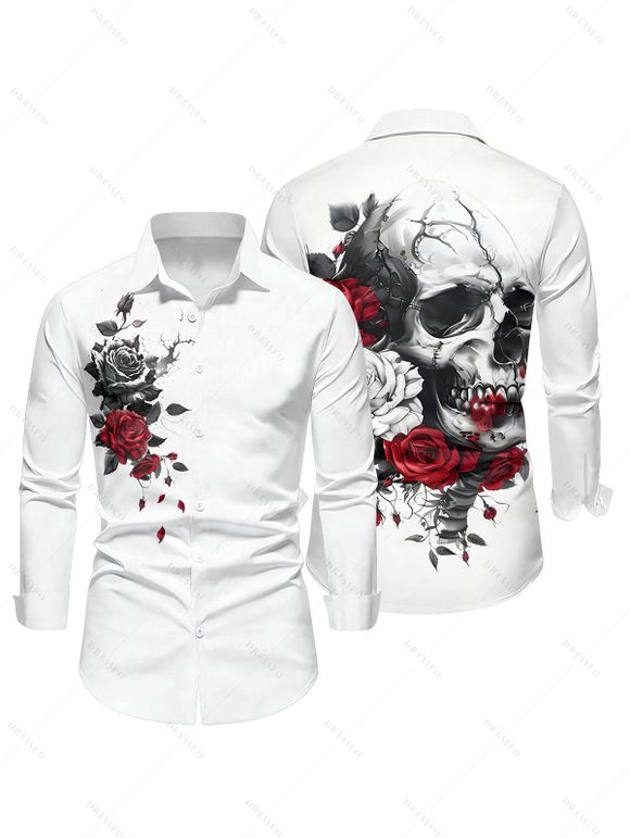 Chemise Décontractée Rose Crâne Imprimés Manches Longues à Col Relevé - Blanc XL