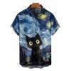 Chemise Vintage Décontractée Boutonnée Chat Galaxie Imprimés à Manches Courtes - Bleu profond S