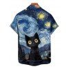 Chemise Vintage Décontractée Boutonnée Chat Galaxie Imprimés à Manches Courtes - Bleu profond L