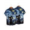 Chemise Vintage Décontractée Boutonnée Chat Galaxie Imprimés à Manches Courtes - Bleu profond S