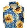 Chemise Décontractée Pluie de Tournesol avec Peinture à L'Huile Boutonnée Manches Longues à Col Relevé - Bleu 5XL