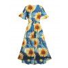 Van Gogh Sunflower Oil Painting Print V Neck Flare Sleeve Dress and Long Sleeve Turn Down Collar Shirt Outfit - Bleu S | US 4