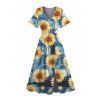 Van Gogh Sunflower Oil Painting Print V Neck Flare Sleeve Dress and Long Sleeve Turn Down Collar Shirt Outfit - Bleu S | US 4