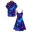 Allover Trippy Art Print V Neck Spaghetti Strap Dress and Roll Up Sleeve Shirt Outfit - Bleu S | US 4