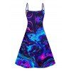 Allover Trippy Art Print V Neck Spaghetti Strap Dress and Roll Up Sleeve Shirt Outfit - Bleu S | US 4