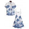 Holiday Coconut Tree Pattern Print V Neck Spaghetti Strap Dress and Roll Up Sleeve Shirt Outfit - Bleu Ciel S | US 4