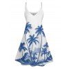 Holiday Coconut Tree Pattern Print V Neck Spaghetti Strap Dress and Roll Up Sleeve Shirt Outfit - Bleu Ciel S | US 4