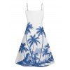 Holiday Coconut Tree Pattern Print V Neck Spaghetti Strap Dress and Roll Up Sleeve Shirt Outfit - Bleu Ciel S | US 4