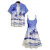 Ombre Coconut Tree Print V Neck High Waist Spaghetti Strap Dress and Roll Up Sleeve Shirt Outfit - Bleu S | US 4