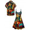 Colorful Cat Art Print V Neck High Waist Spaghetti Strap Dress and Roll Up Sleeve Shirt Outfit - multicolor A S | US 4