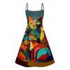 Colorful Cat Art Print V Neck High Waist Spaghetti Strap Dress and Roll Up Sleeve Shirt Outfit - multicolor A S | US 4