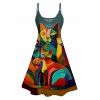 Colorful Cat Art Print V Neck High Waist Spaghetti Strap Dress and Roll Up Sleeve Shirt Outfit - multicolor A S | US 4