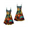 Colorful Cat Art Print V Neck High Waist Spaghetti Strap Dress and Roll Up Sleeve Shirt Outfit - multicolor A S | US 4