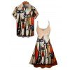 Retro Art Cat Print V Neck Spaghetti Strap Dress and Roll Up Sleeve Shirt Outfit - café lumière S | US 4