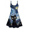 Retro Cat Galaxy Art Print V Neck Spaghetti Strap Dress and Roll Up Sleeve Shirt Outfit - Bleu profond S | US 4