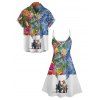 Retro Floral Art Nouveau Print V Neck Spaghetti Strap Dress and Roll Up Sleeve Shirt Outfit - multicolor A S | US 4