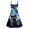 Retro Cat Galaxy Art Print V Neck Spaghetti Strap Dress and Roll Up Sleeve Shirt Outfit - Bleu profond S | US 4