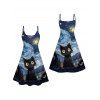 Retro Cat Galaxy Art Print V Neck Spaghetti Strap Dress and Roll Up Sleeve Shirt Outfit - Bleu profond S | US 4