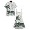 Holiday Coconut Tree Pattern Print V Neck Spaghetti Strap Dress and Roll Up Sleeve Shirt Outfit - Vert profond S | US 4