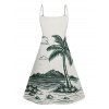 Holiday Coconut Tree Pattern Print V Neck Spaghetti Strap Dress and Roll Up Sleeve Shirt Outfit - Vert profond S | US 4