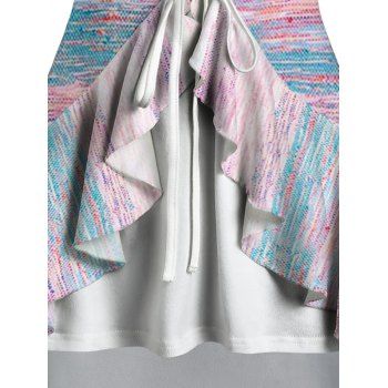 Rainbow Marled Print Ruffle Hem Tie Close Long Sleeve Faux Twinset Top