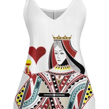 Queen of Heart  Playing Card Print V Neck High Waist Spaghetti Strap Dress Sleeveless Summer A Line Cami Dress 