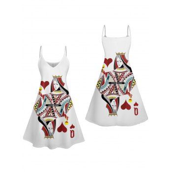 Queen of Heart  Playing Card Print V Neck High Waist Spaghetti Strap Dress Sleeveless Summer A Line Cami Dress 