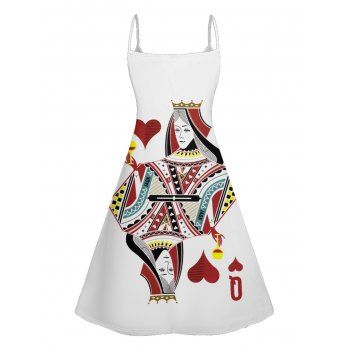 Queen of Heart  Playing Card Print V Neck High Waist Spaghetti Strap Dress Sleeveless Summer A Line Cami Dress 