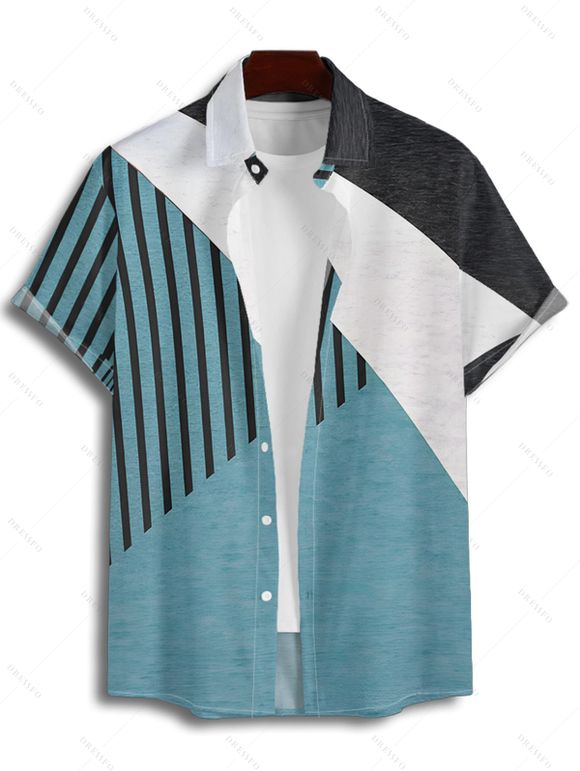 Chemise Décontractée Boutonnée Rayée Imprimée en Blocs de Couleurs à Manches Courtes - multicolor 3XL