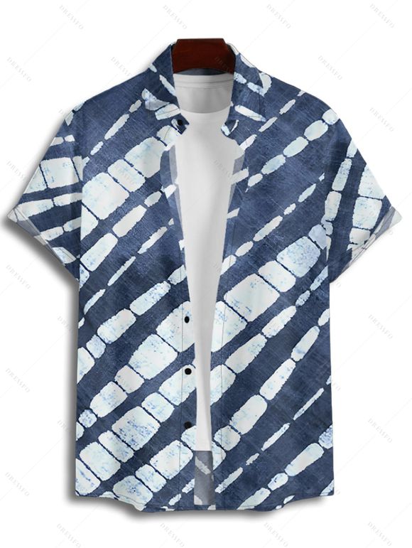 Chemise Boutonnée Géométrique Teintée Imprimée à Manches Courtes - Bleu profond S