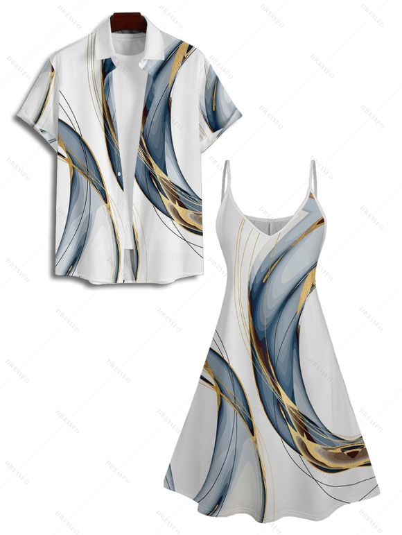 Abstract Print V Neck Spaghetti Strap A Line Dress And Short Sleeve Button Up Shirt Matching Outfit - Bleu gris S | US 4