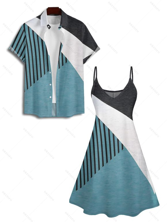 Colorblock Stripe Print Casual Shirt And V Neck Spaghetti Strap A Line Dress Couple Matching Outfit - multicolor S | US 4