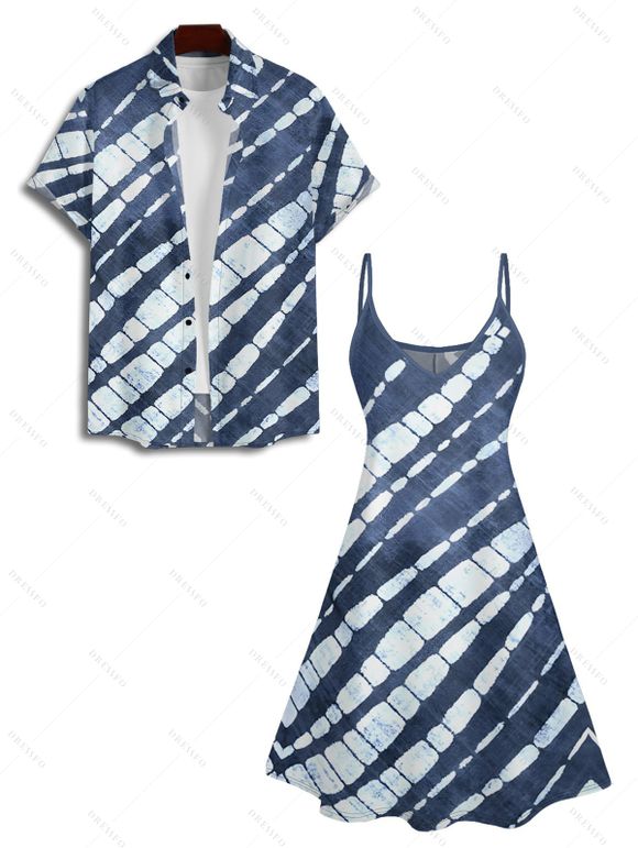 Tie Dye Geometric Print Spaghetti Strap V Neck A Line Dress And Short Sleeve Shirt Matching Outfit - Bleu de Minuit S | US 4