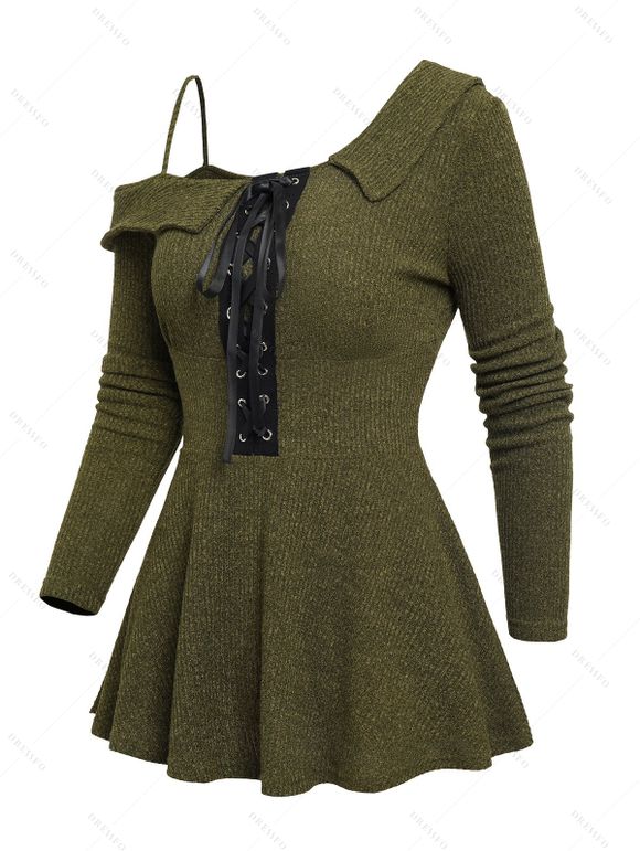 Pull Chiné Tricoté à Manches Longues à Une Epaule à Lacets - Vert profond XXL | US 14