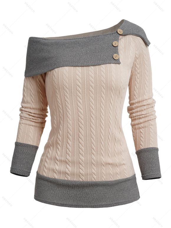 Pull Bicolore Boutonné Tricoté Epaule Dénudée à Col Relevé - café lumière XL | US 12