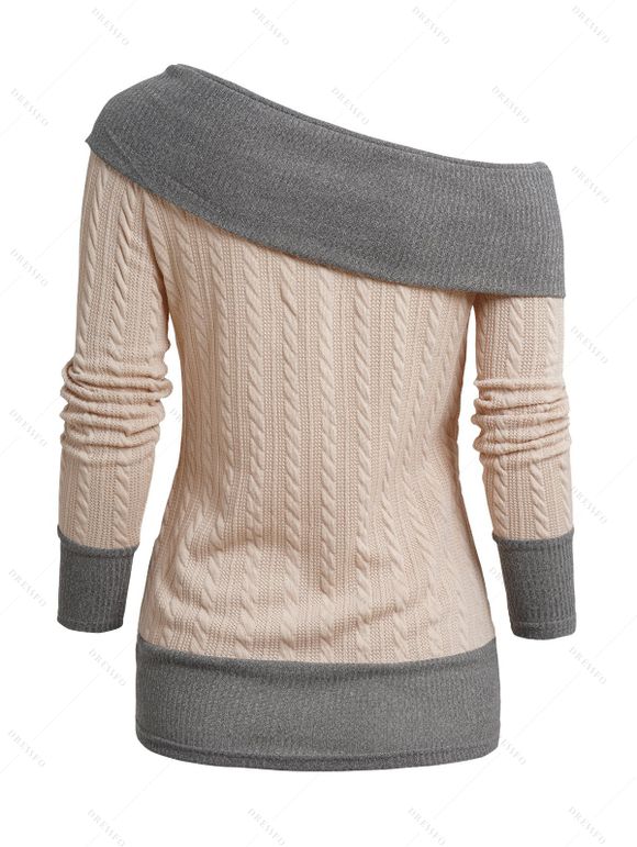 Pull Bicolore Boutonné Tricoté Epaule Dénudée à Col Relevé - café lumière XL | US 12