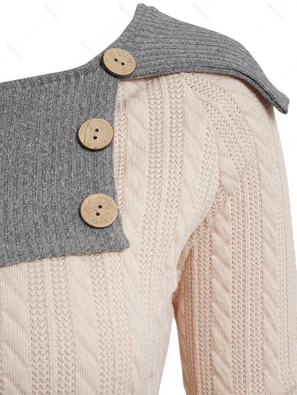 Pull Bicolore Boutonné Tricoté Epaule Dénudée à Col Relevé - café lumière XL | US 12