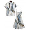 Abstract Print V Neck Spaghetti Strap A Line Dress And Short Sleeve Button Up Shirt Matching Outfit - Bleu gris S | US 4