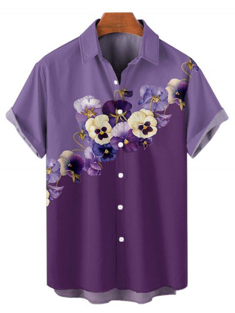 Chemise de Vacances Fleur Imprimée en Blocs de Couleurs Boutonnée à Manches Courtes